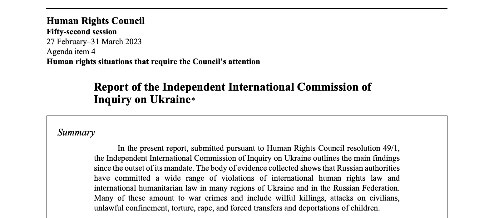 Report of the Independent International Commission of Inquiry on Ukraine